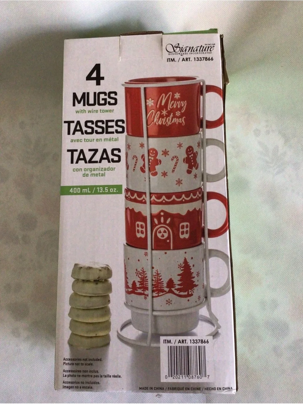 SIGNATURE HOUSEWARES S/4 HOLIDAY STONEWARE MUGS W/ WHITE WIRE TOWER STORAGE New